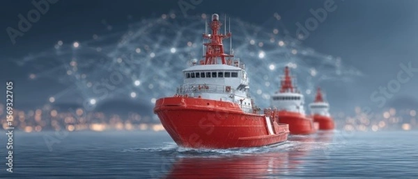 Fototapeta A fleet of red boats navigates through calm waters, illuminated by city lights in the distance