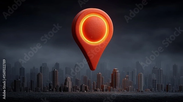 Fototapeta A futuristic city skyline looms under a dark sky, featuring a glowing orange location pin as a central symbol of navigation and exploration in the digital age.