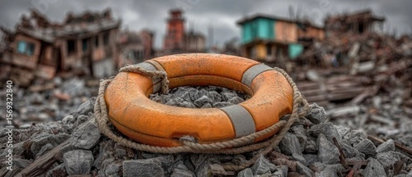 Fototapeta A lifebuoy rests in the rubble of a disaster-stricken area, symbolizing hope amid chaos