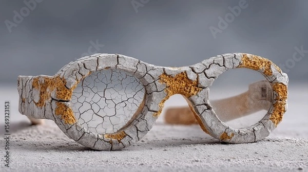 Fototapeta A pair of artistic, cracked goggles with a unique textured surface. The design features a blend of muted colors and highlights of gold, evoking a sense of nostalgia and creativity.
