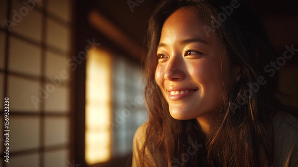 Fototapeta 障子越しの朝日に柔らかく笑顔を見せる女性