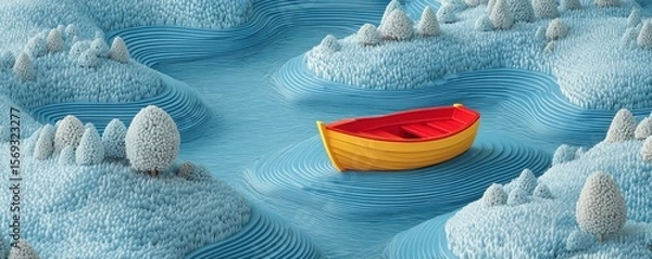Fototapeta A serene scene featuring a colorful boat floating peacefully on calm waters, surrounded by whimsical, snowy landscapes creating a tranquil and enchanting atmosphere.