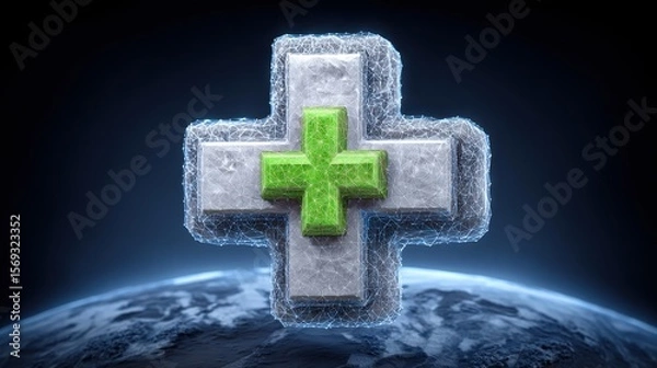 Fototapeta A striking 3D rendering of a green medical cross symbol on a dark background, representing health and wellness