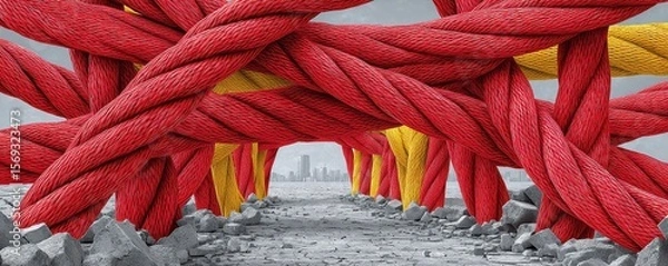 Fototapeta A striking image featuring red and yellow ropes intertwined against a gray backdrop, symbolizing unity and strength