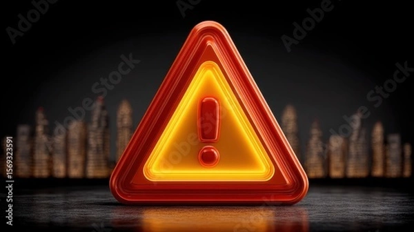 Fototapeta A striking warning sign with a bright orange exclamation mark inside a triangular shape. Its vibrant colors symbolize caution and alertness in various social contexts.