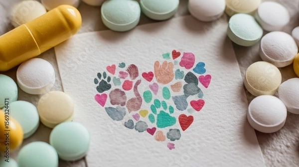 Fototapeta Top view of pet care items and donation note watercolor copy space gentle giving tones Double exposure silhouette with love, hope, and animal icons