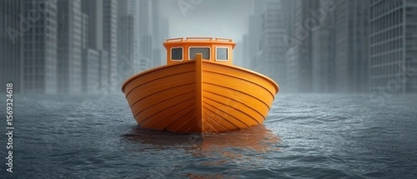 Fototapeta A vibrant orange boat floats serenely on a foggy waterway, surrounded by towering city buildings. The striking contrast and tranquil scene evoke feelings of solitude and adventure.