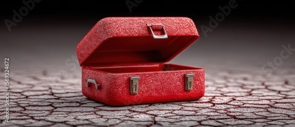 Fototapeta A vibrant red suitcase stands open on a cracked ground, symbolizing travel and adventure amidst the desolation. Perfect for themes of exploration and discovery in unique locations.