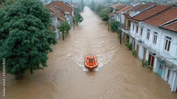 Fototapeta A vivid scene depicting a flooded street with a rescue boat navigating through the water, highlighting the impact of severe weather on urban areas and environmental challenges.
