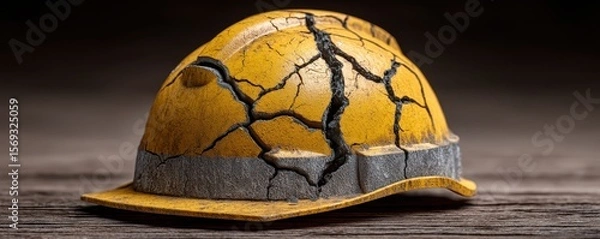 Fototapeta A worn and cracked yellow hard hat sits on a wooden surface, symbolizing safety and the harsh realities of construction work. Ideal for themes of industry and occupational safety.
