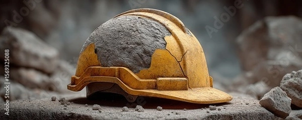 Fototapeta A worn construction helmet covered in dust and debris, symbolizing hard work and safety in construction