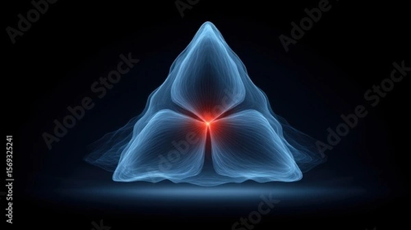 Fototapeta An abstract digital composition featuring a triangular shape, illuminated by a vibrant red core, surrounded by soft blue light. Suitable for modern design and technology themes.