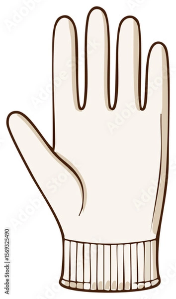 Fototapeta Cartoon winter glove with five fingers, illustration of an off-white glove with brown outlines and a knitted wrist section on a transparent background