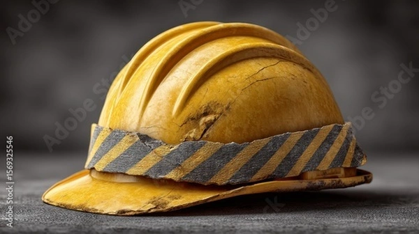 Fototapeta An aged yellow hard hat with a striped band, symbolizing safety and construction work. Perfect for themes around industry, labor, and workplace safety.