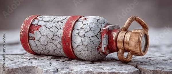 Fototapeta An aged and weathered fire extinguisher lies on a rustic surface, showcasing peeling paint and intricate textures, symbolizing safety equipment and industrial maintenance.