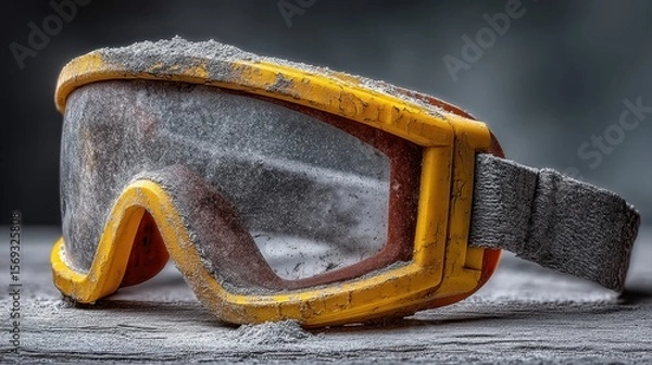 Fototapeta Close-up of a pair of worn-out yellow safety goggles covered in dust, symbolizing the importance of protective gear in hazardous environments and the need for safety in industry.