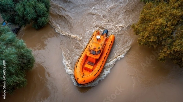 Fototapeta An orange rescue boat navigates through muddy waters, demonstrating swift response and safety in emergency situations amidst the lush green surroundings.