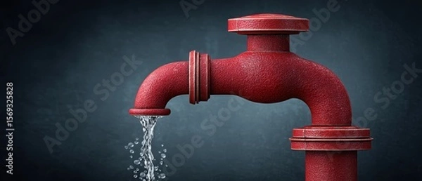 Fototapeta Close-up of a vintage red pipe faucet with water flowing, symbolizing plumbing and industrial work, highlighting the importance of water supply in modern infrastructure.