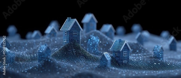 Fototapeta Futuristic landscape featuring digital houses on a virtual terrain, showcasing innovative design and technology integration in a visually captivating blue color scheme.