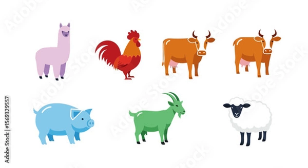 Fototapeta Vector farm animals vector illustration set featuring cow rooster sheep pig goat and llama for educational resources