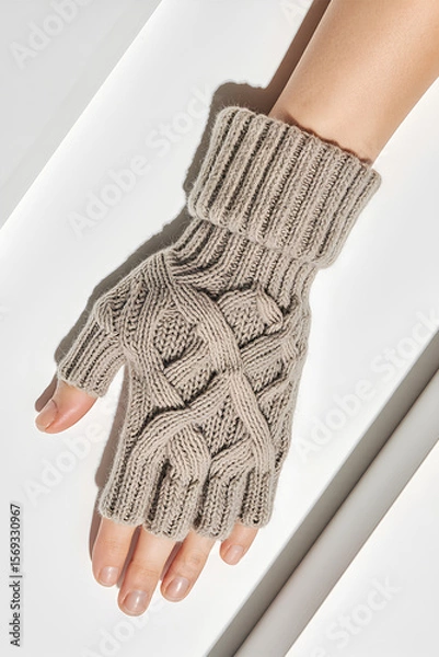 Obraz A close-up of a hand wearing a thick, beige knitted glove with an intricate cable-weave pattern, resting on a smooth white surface. The glove features a ribbed cuff that securely wraps the wrist.