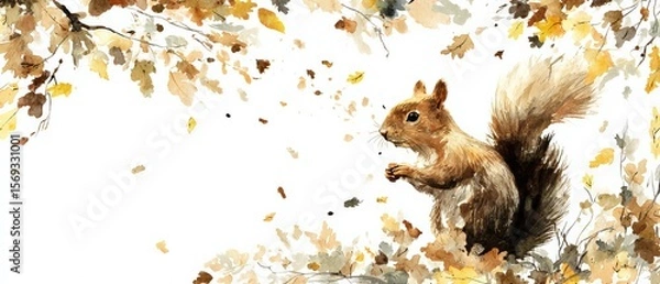 Fototapeta Top view of squirrel gathering nuts watercolor copy space calm autumn tones Double exposure silhouette with scattered leaves and twigs