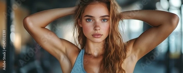 Fototapeta Young, beautiful athletic woman stretching before exercising at an indoor gym, preparing her muscles for a workout, Generative AI