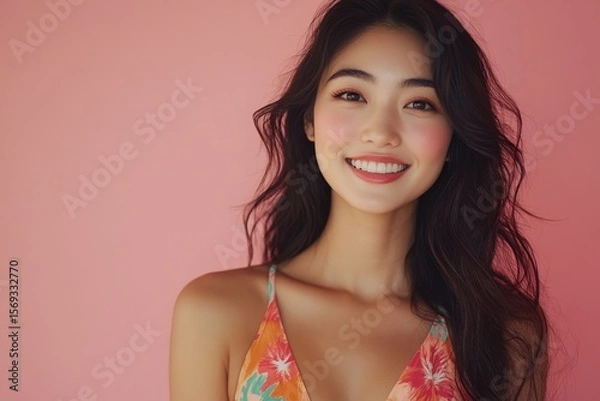 Fototapeta Young beautiful Asian woman in a colorful dress smiling and standing confidently in front of a pink background in the studio, Generative AI