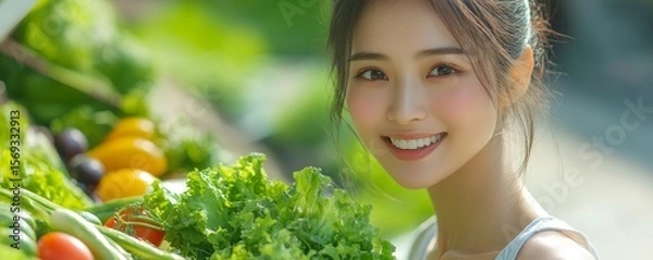 Fototapeta Young Asian woman enjoying a fresh salad as part of her weight loss diet, promoting healthy eating habits, Generative AI