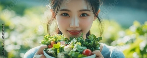 Fototapeta Young Asian woman enjoying a fresh salad as part of her weight loss diet, promoting healthy eating habits, Generative AI