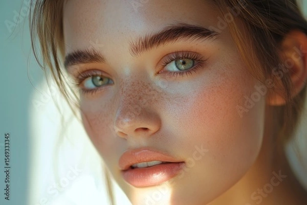 Fototapeta Young female with freckles on her face,  her natural beauty with a fresh and vibrant look, Generative AI