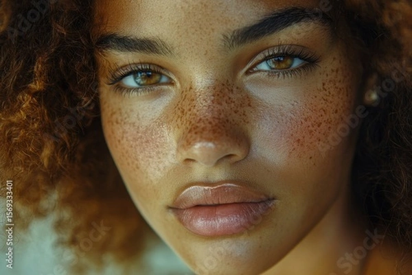 Fototapeta Young female with freckles on her face,  her natural beauty with a fresh and vibrant look, Generative AI