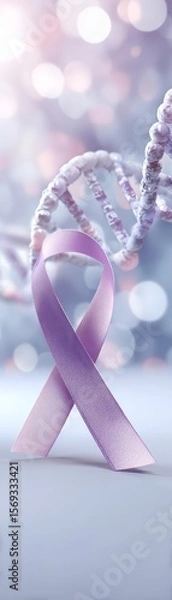 Fototapeta Rett Syndrome Awareness close up of purple awareness ribbon focus on copy space gentle hopeful tones Double exposure silhouette with DNA strands