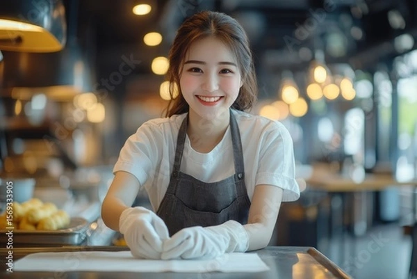 Fototapeta Happy female housekeeper service worker wiping the table surface with a cleaning product to remove dust and maintain cleanliness, Generative AI