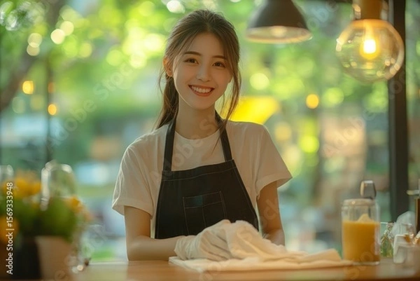 Fototapeta Happy female housekeeper service worker wiping the table surface with a cleaning product to remove dust and maintain cleanliness, Generative AI
