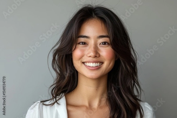Fototapeta Happy young Asian woman smiling, radiating positivity and joy, isolated on a neutral background, Generative AI