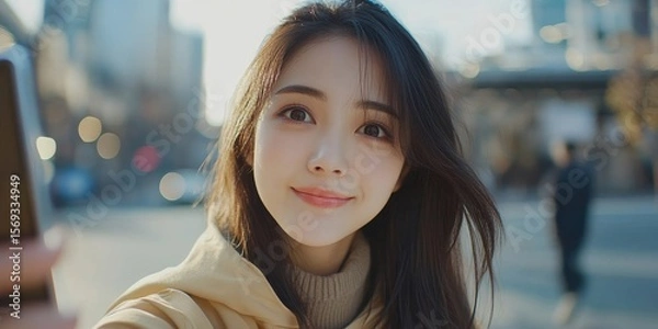 Fototapeta Young Asian woman recording herself for a vlog via smartphone, sharing her experiences and insights with her audience, Generative AI