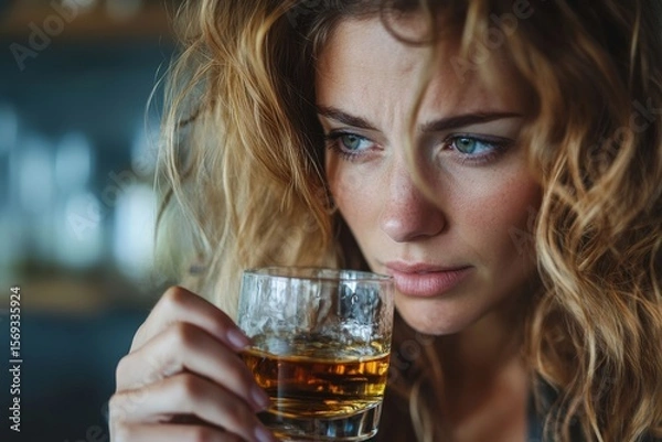 Fototapeta Depression and anxiety concept: A woman drinking whisky alone, struggling with emotional distress and seeking solace, Generative AI