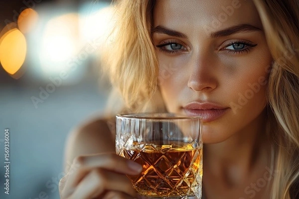 Fototapeta Depression and anxiety concept: A woman drinking whisky alone, struggling with emotional distress and seeking solace, Generative AI