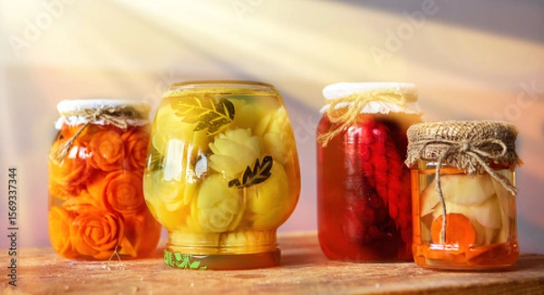 Fototapeta Colorful jars of homemade pickled vegetables and fruits arranged on a wooden surface in bright sunlight