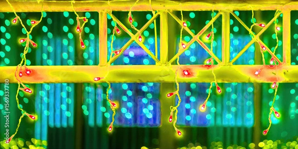 Fototapeta Colorful decorative lights create a vibrant atmosphere in an indoor setting during a festive event in the evening