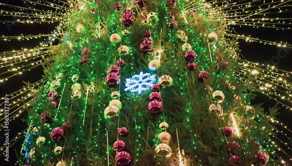 Fototapeta Bright green Christmas tree adorned with colorful ornaments and sparkling lights during holiday celebrations at night