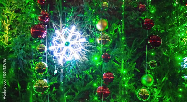 Fototapeta Festive decorations with colorful lights and ornaments on a green tree during the holiday season