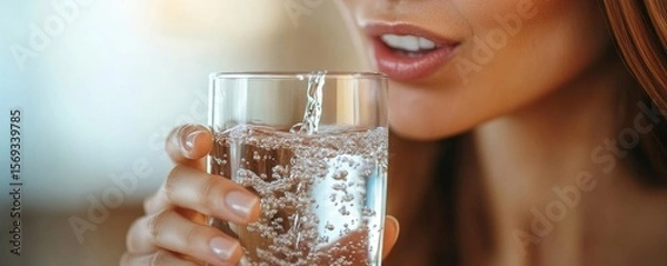 Fototapeta Close-up of a female pouring water into a glass for drinking, focusing on hydration and healthy habits, Generative AI