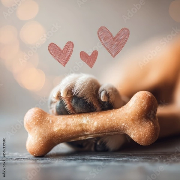 Fototapeta Wishbones for Pets close up of pet chewing toy wishbone focus on copy space playful joyful tones Double exposure silhouette with paws and heart icons