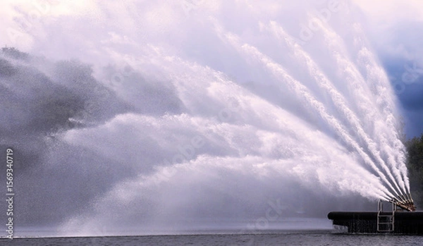 Fototapeta Water jets create stunning display over serene lake at sunset during a summer event
