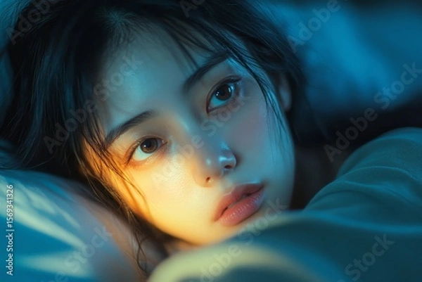 Fototapeta Asian woman with open eyes,  on the bed, dealing with insomnia and struggling to get restful sleep, Generative AI