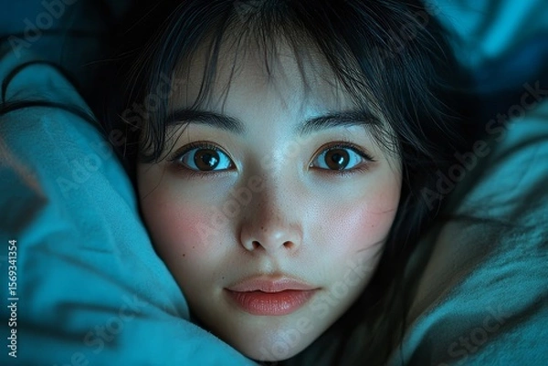 Fototapeta Asian woman with open eyes,  on the bed, dealing with insomnia and struggling to get restful sleep, Generative AI