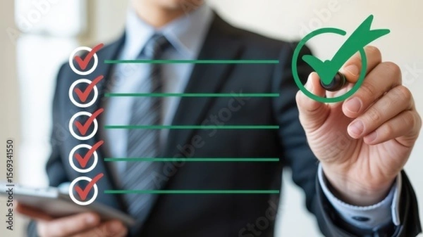 Fototapeta Businessman completing checklist with green check marks on transparent board, symbolizing task management and productivity.
