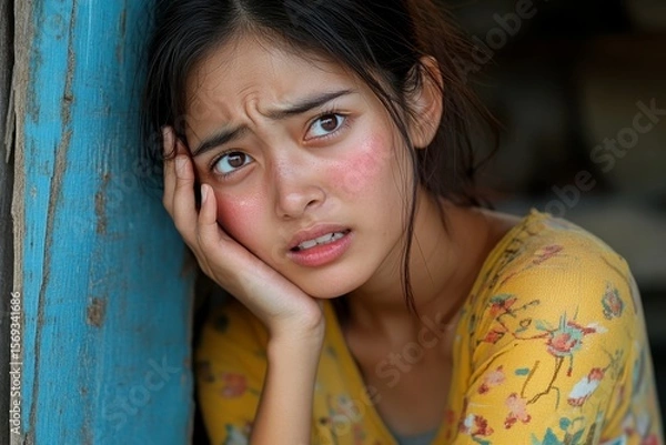 Fototapeta Face expression suffering from sensitive teeth: Asian young woman touching her cheek, wincing in pain from tooth sensitivity, Generative AI